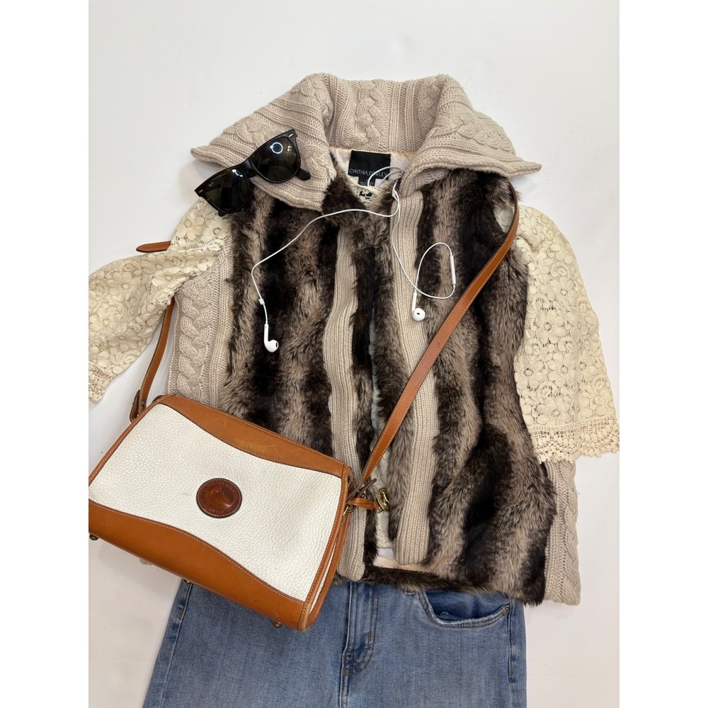 Cynthia Rowley Womens Knit Fur Vest Beige Brown Size S